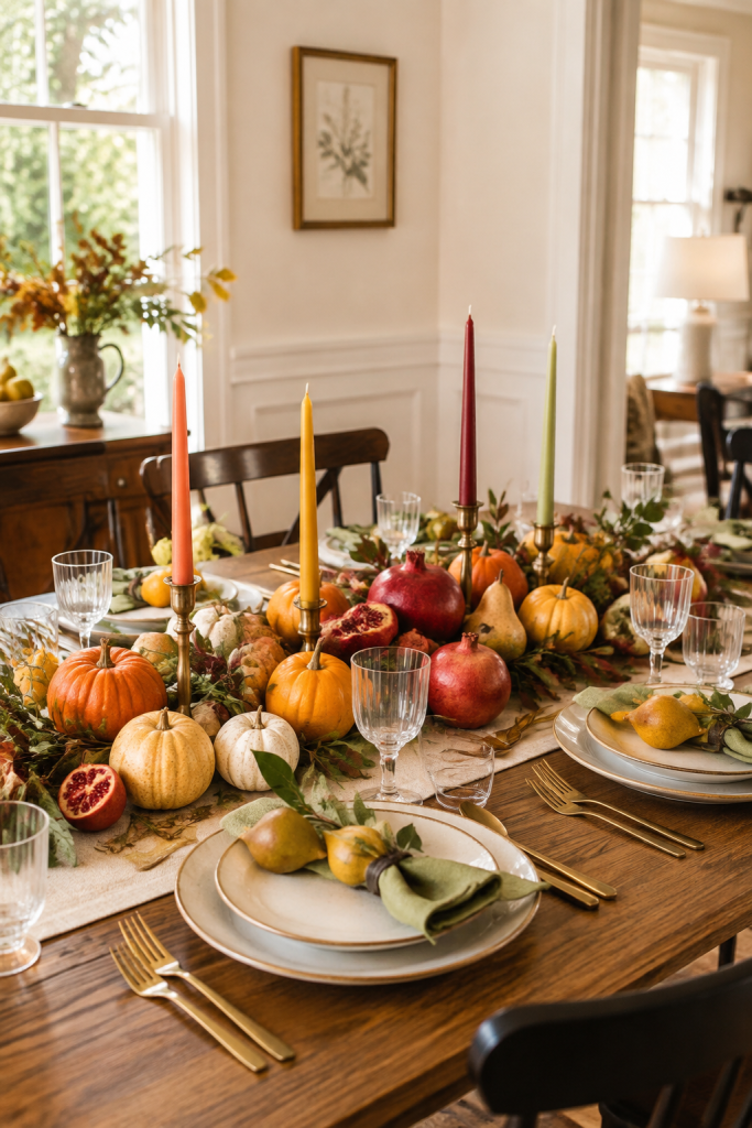Colorful Thanksgiving table with pumpkins, fruit, taper candles, and sage napkins.