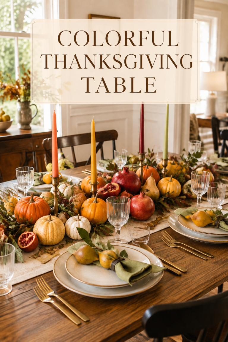 Colorful Thanksgiving table with pumpkins, fruit, taper candles, and sage napkins.