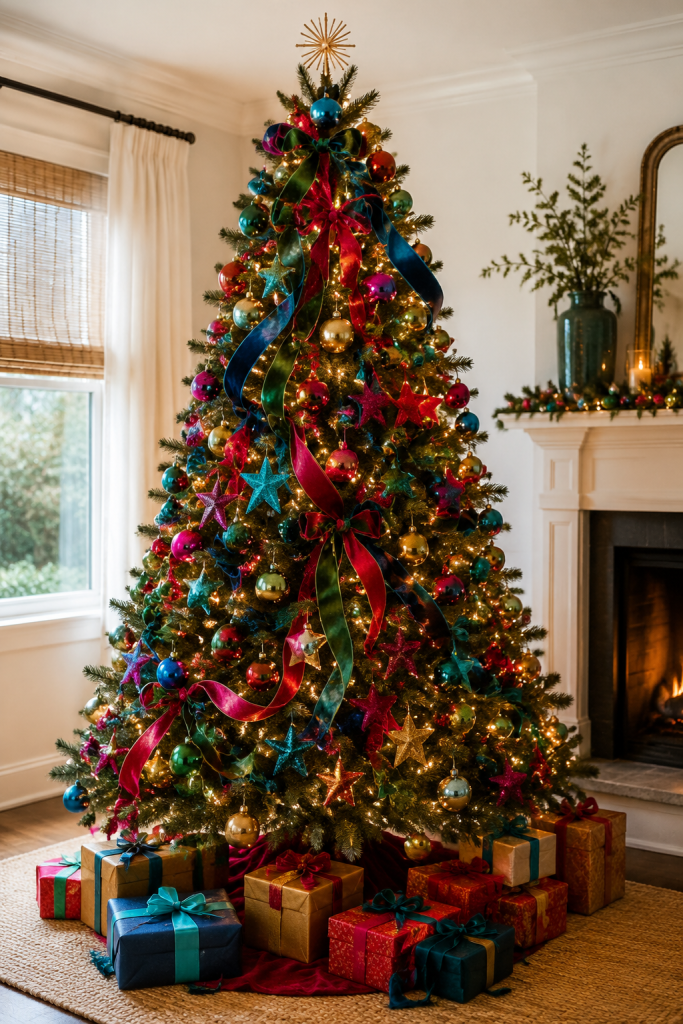 Jewel-tone Christmas tree with velvet ribbon, star ornaments, lights, and gifts.