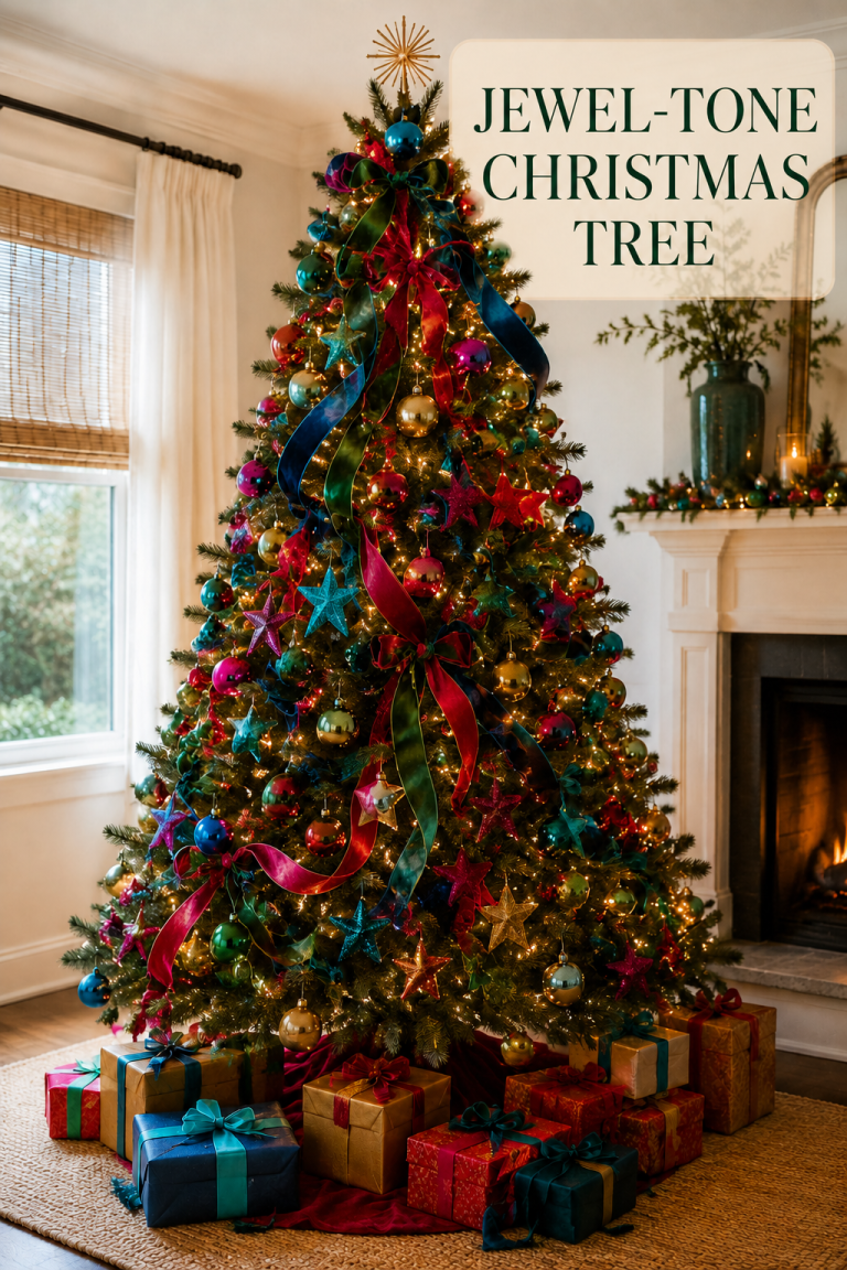 Jewel-tone Christmas tree with velvet ribbon, star ornaments, lights, and gifts.
