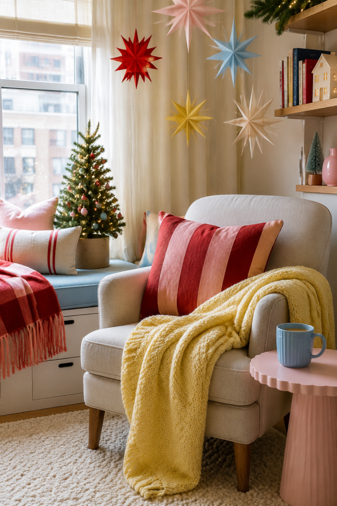 Holiday reading nook with striped pillows, yellow throw, paper stars, and mini tree.