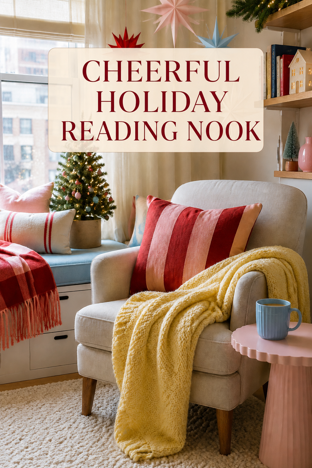 Holiday reading nook with striped pillows, yellow throw, paper stars, and mini tree.