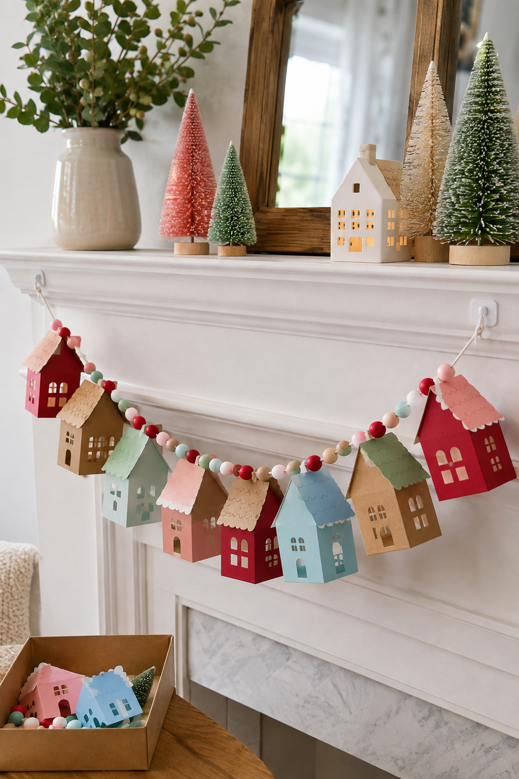 Colorful paper house garland secured to a mantel with beads and small hooks.