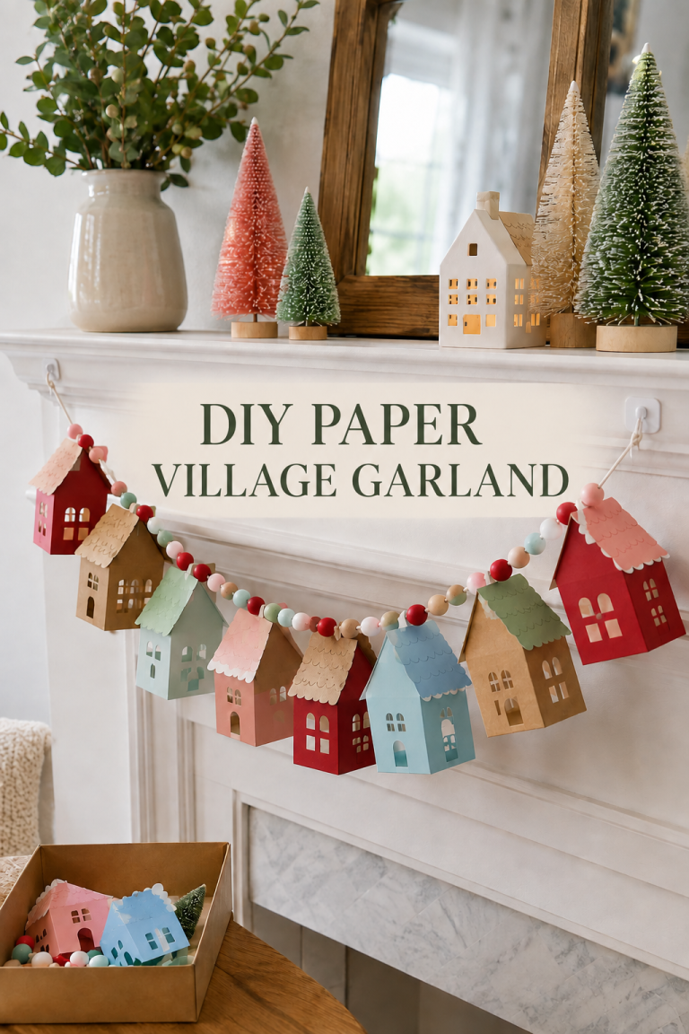 Colorful paper house garland secured to a mantel with beads and small hooks.