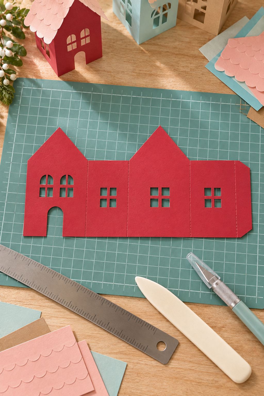 Red cardstock house net with cutout windows and scored folds lies on a cutting mat.