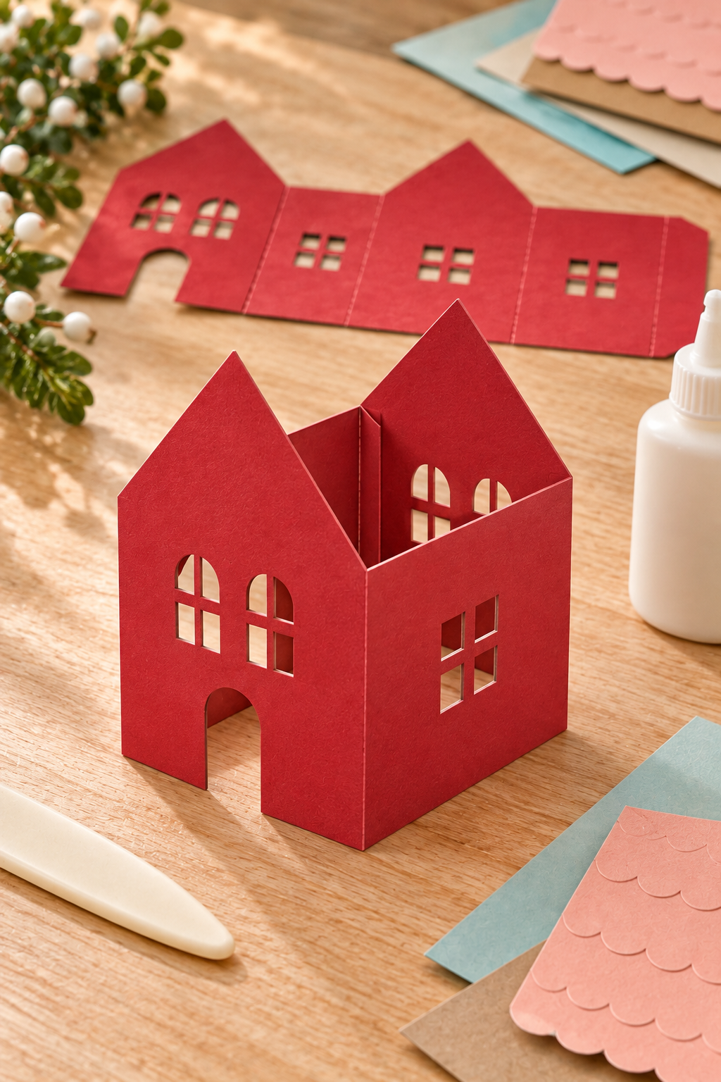 An open red paper house has two gabled walls, flat side walls, and cutout windows.