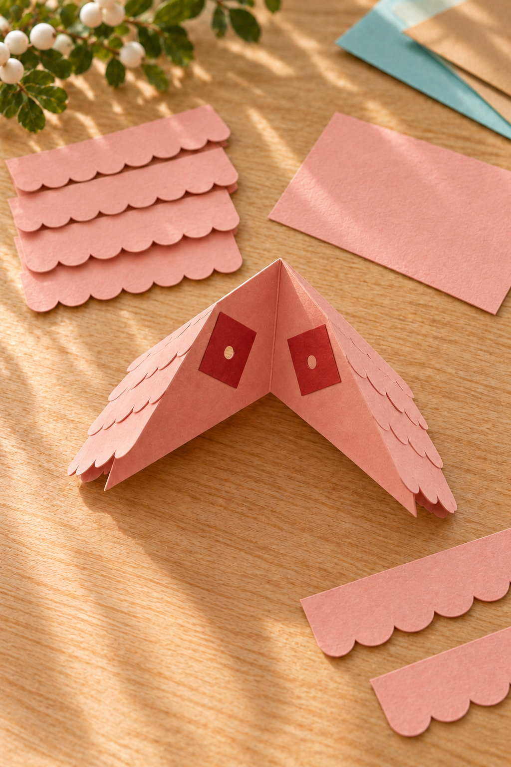 Pink scalloped paper roof with two red reinforcement patches and punched holes inside.