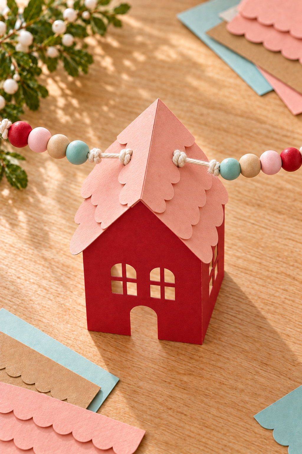 Cord and stopper knots secure a red paper house between groups of colorful wooden beads.
