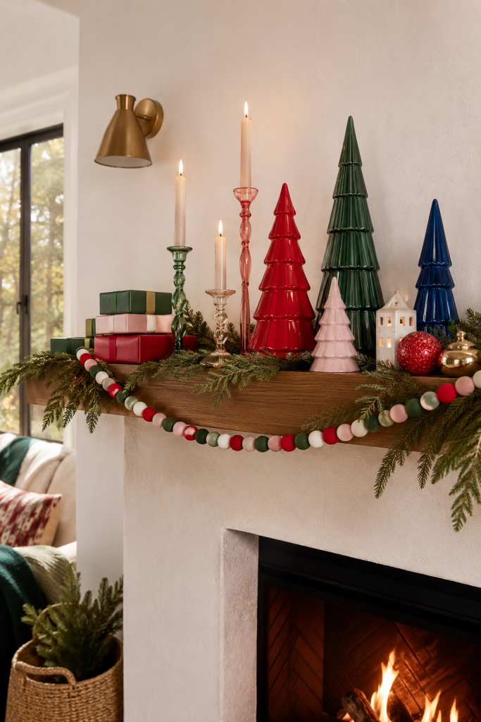 Colorful ceramic Christmas trees, glass candlesticks, gifts, and evergreen mantel.