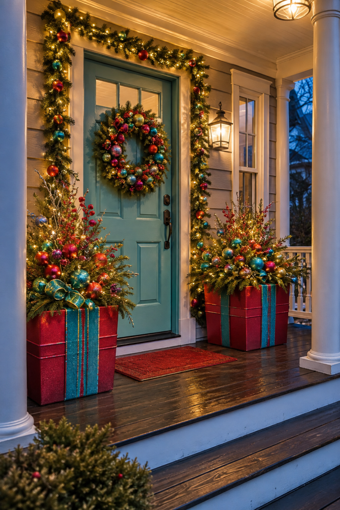 Christmas porch with teal door, ornament wreath, garland, and gift box planters.
