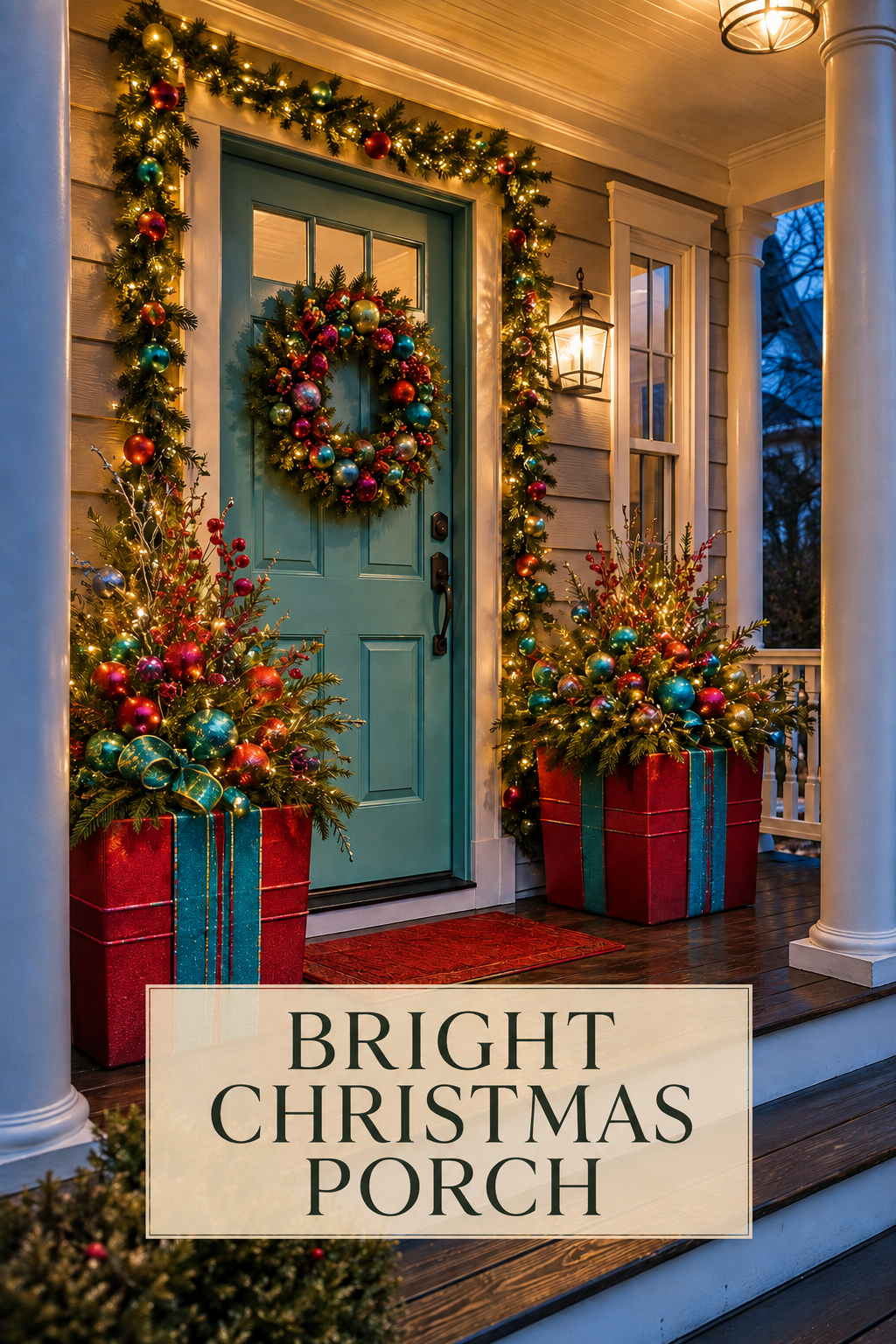Christmas porch with teal door, ornament wreath, garland, and gift box planters.