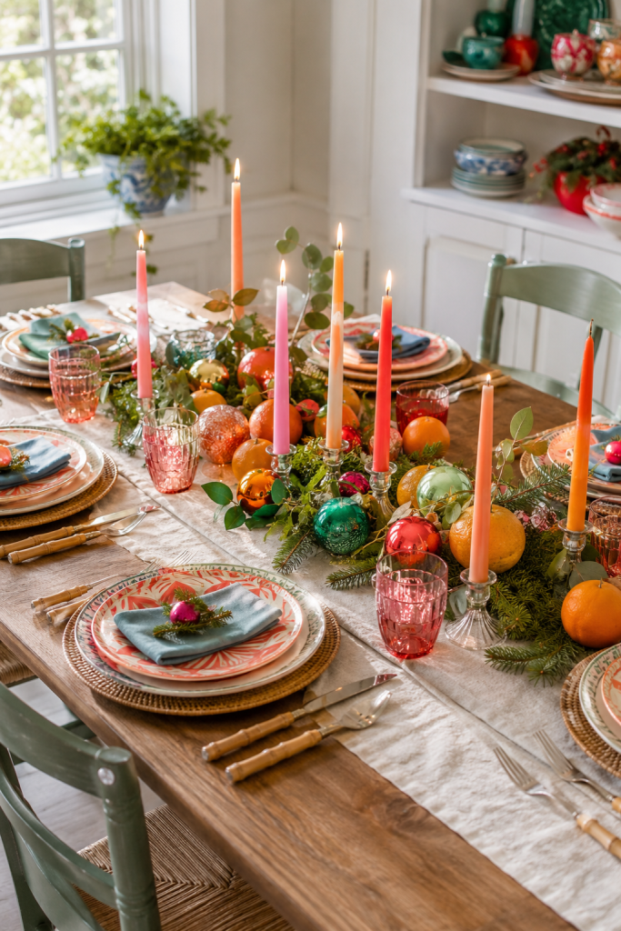 Christmas table with citrus, colorful baubles, pink tapers, greenery, and place settings.