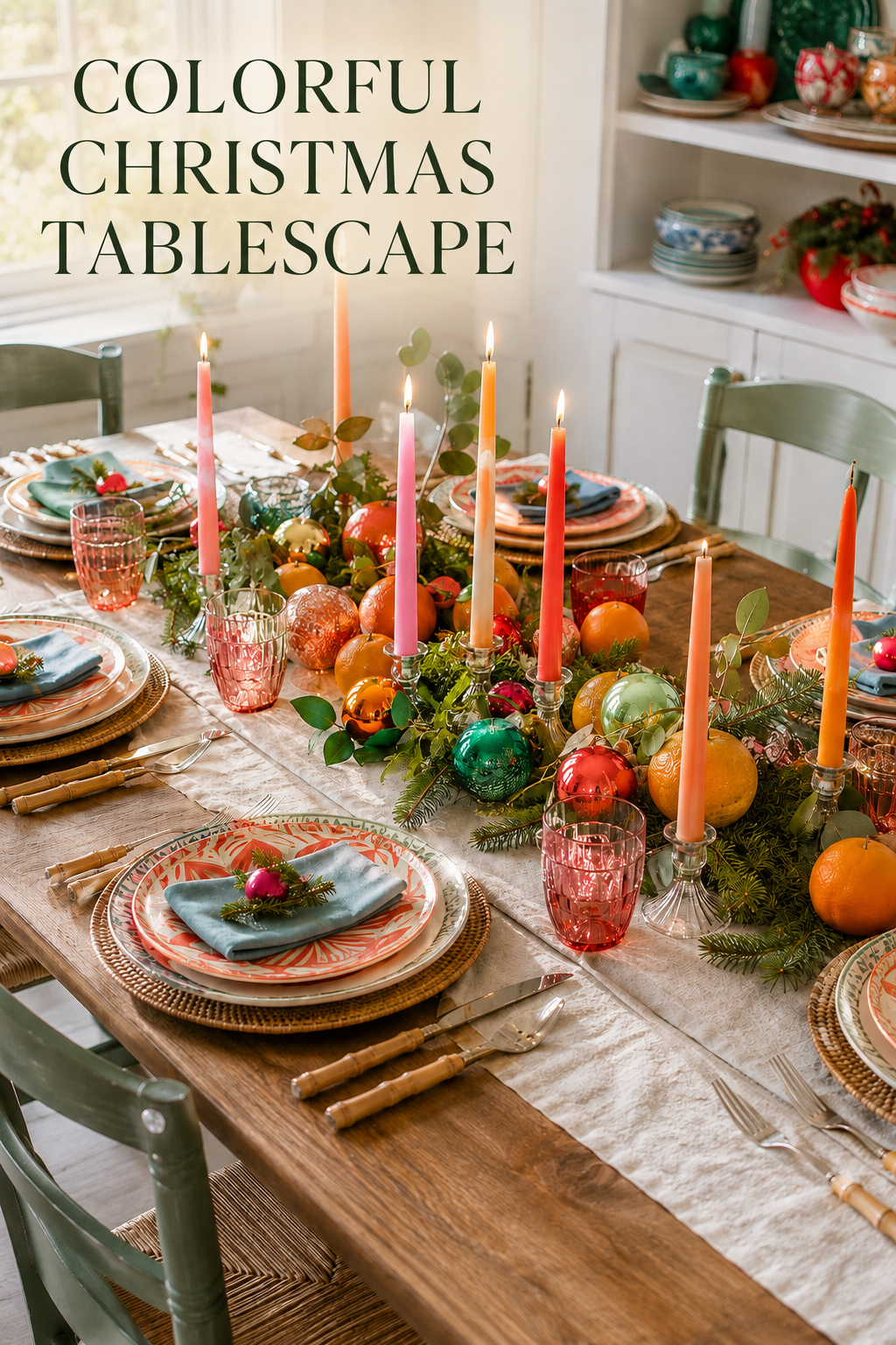 Christmas table with citrus, colorful baubles, pink tapers, greenery, and place settings.