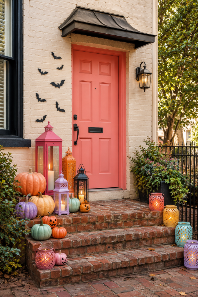Candy-colored lanterns and pastel pumpkins decorate a coral Halloween porch.