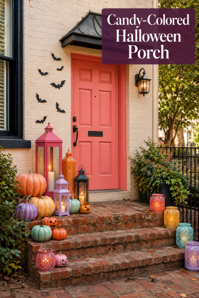 Candy-colored lanterns and pastel pumpkins decorate a coral Halloween porch.