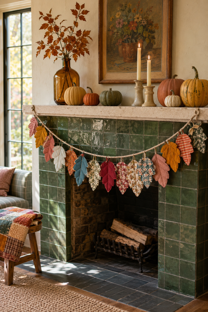 Patchwork fabric leaves, pumpkins, and candles style a green-tile fall mantel.