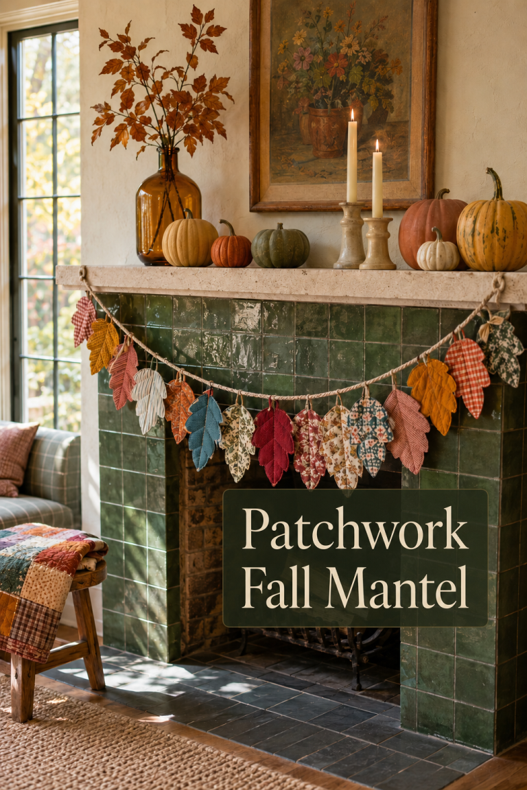 Patchwork fabric leaves, pumpkins, and candles style a green-tile fall mantel.