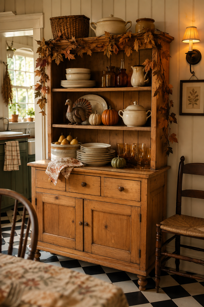 Pine kitchen hutch styled with ironstone, amber glass, pears and pumpkins.