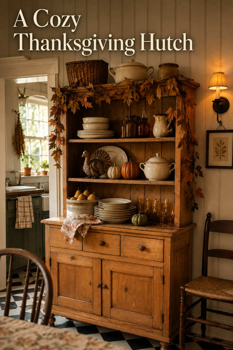 Pine kitchen hutch styled with ironstone, amber glass, pears and pumpkins.