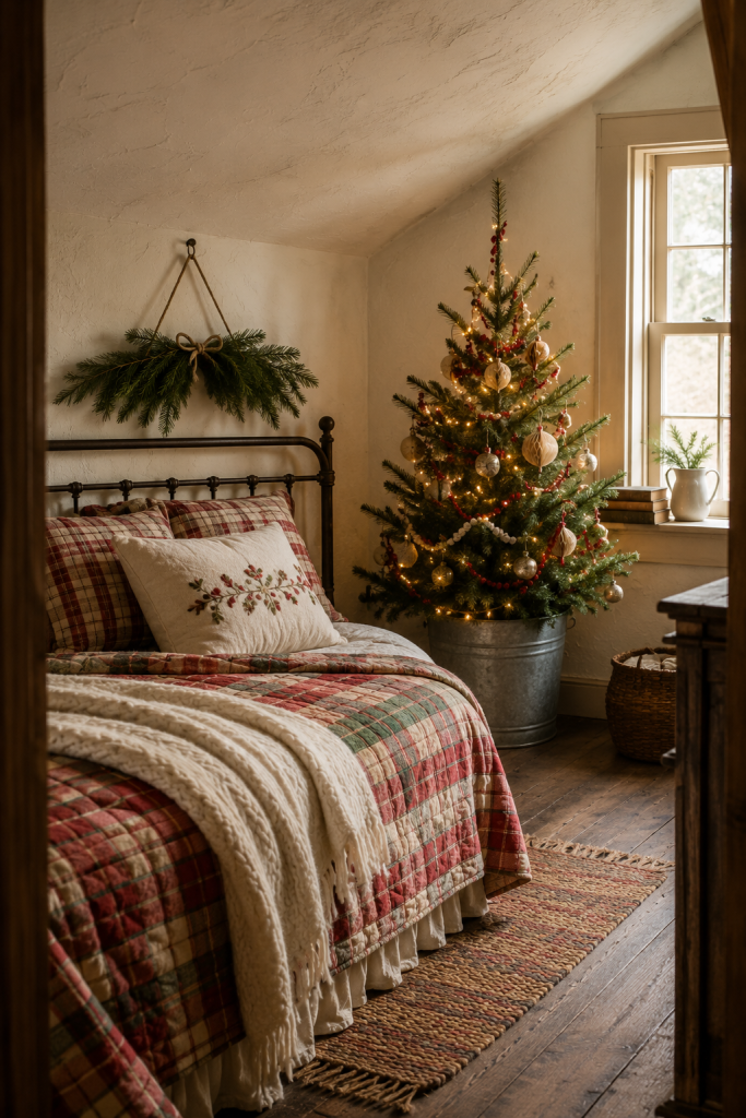 Attic bedroom with plaid bedding, a lit Christmas tree and evergreen wall swag.