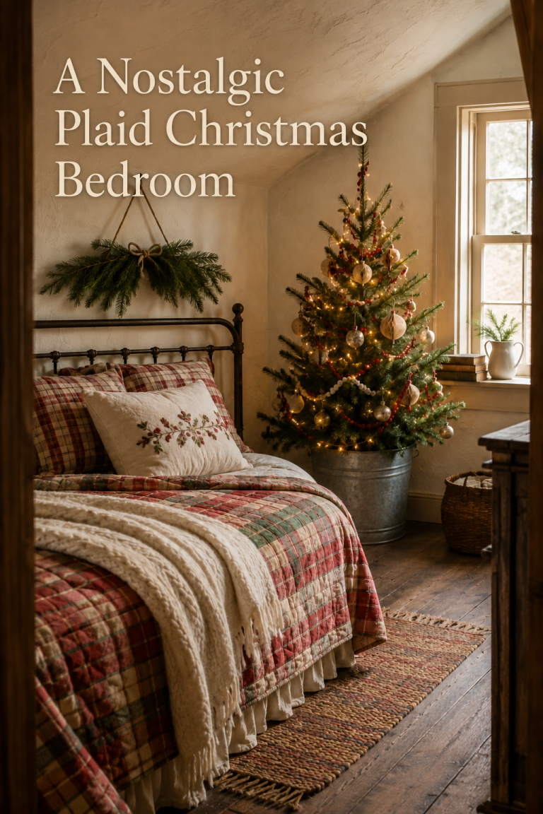 Attic bedroom with plaid bedding, a lit Christmas tree and evergreen wall swag.
