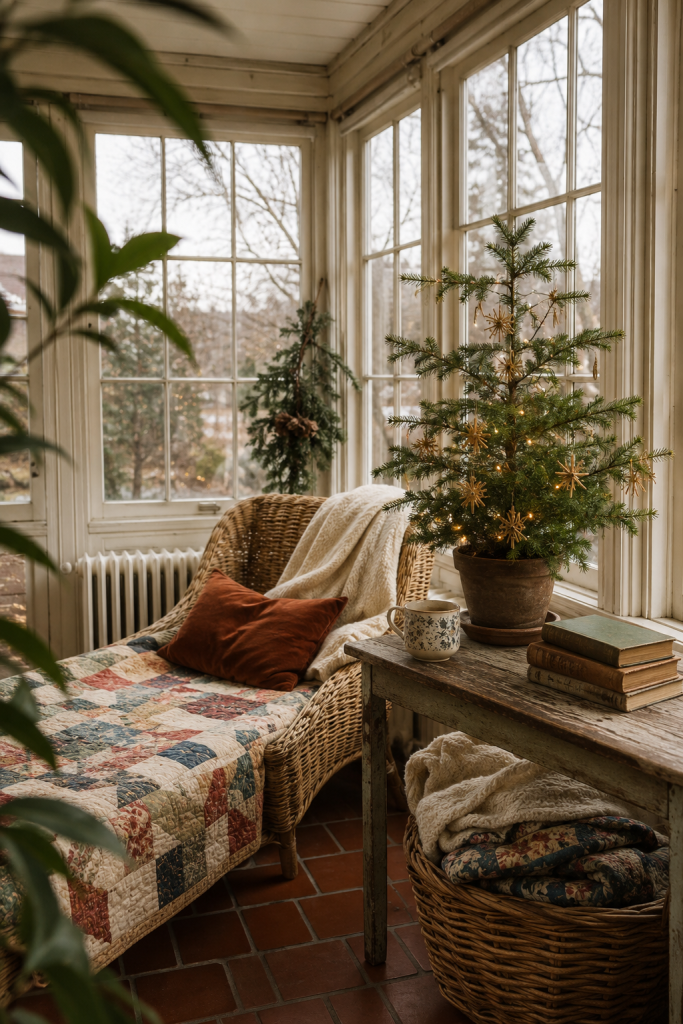 Wicker sunroom daybed with patchwork quilt, mini tree, books and folded blankets.