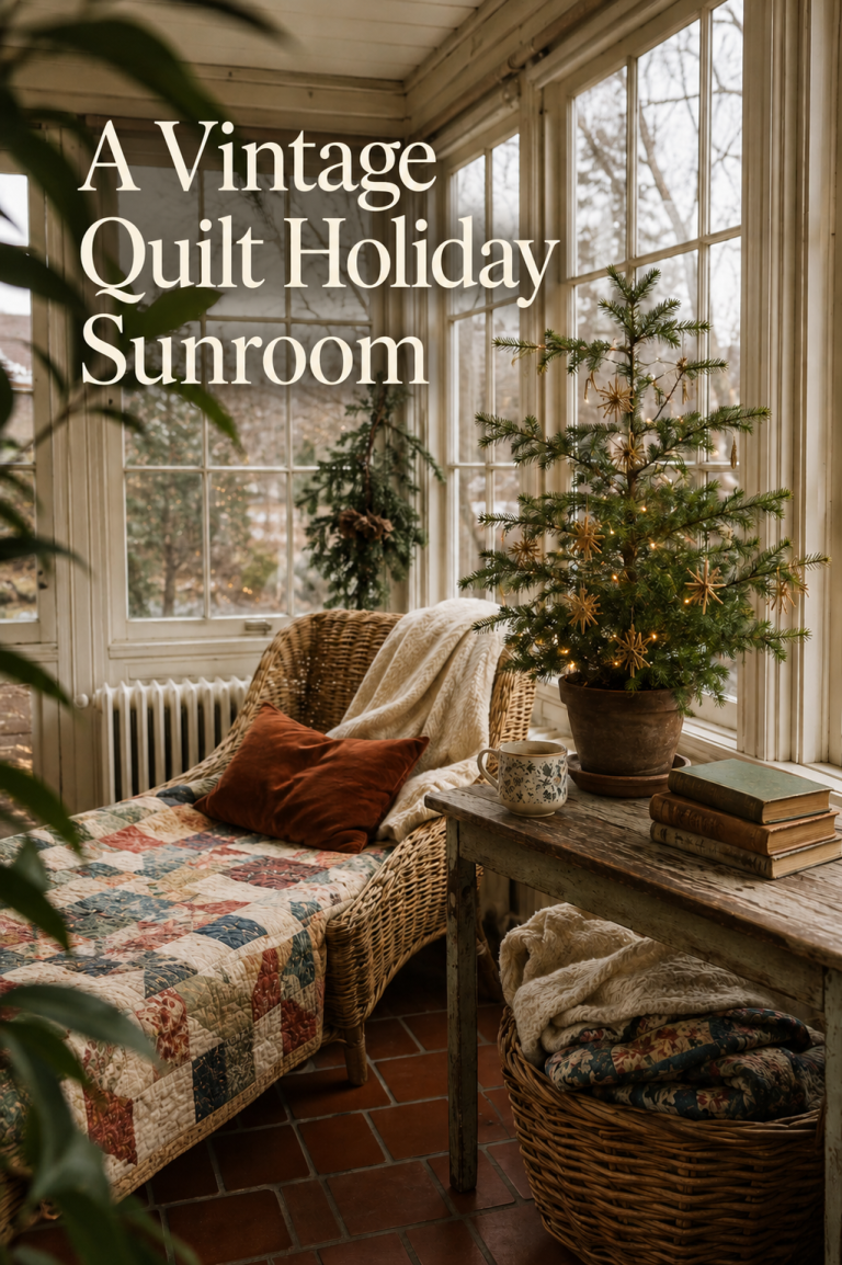 Wicker sunroom daybed with patchwork quilt, mini tree, books and folded blankets.