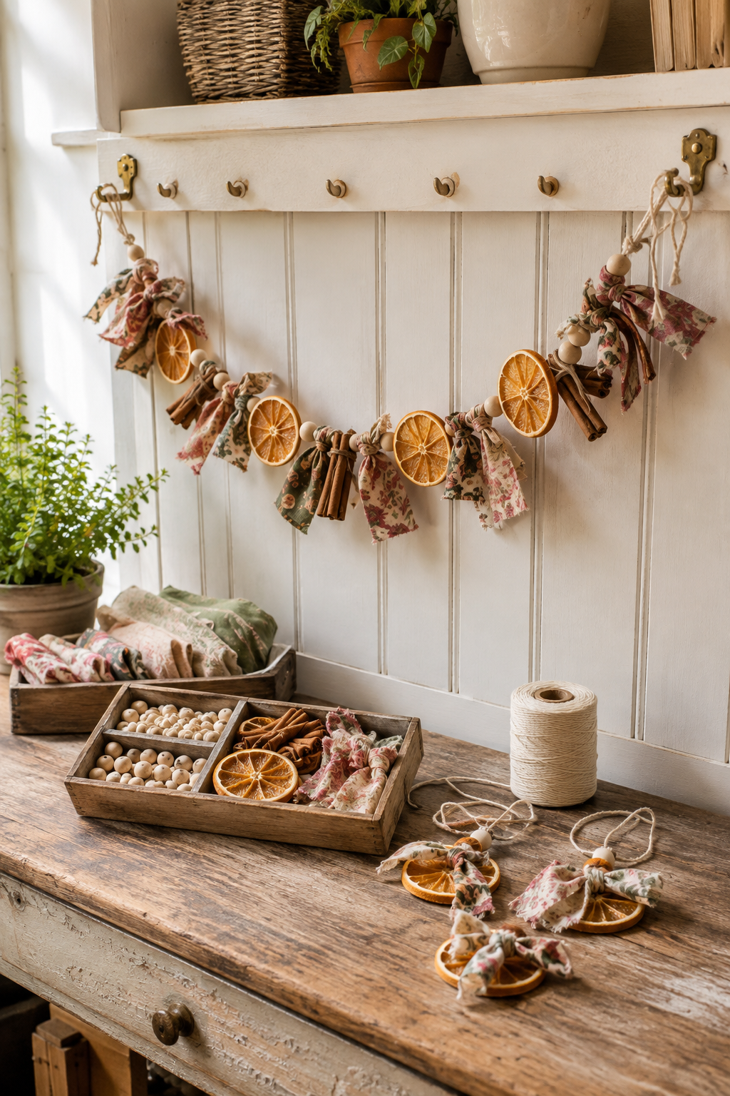 Dried orange, floral fabric, beads and cinnamon tied into a handmade garland.