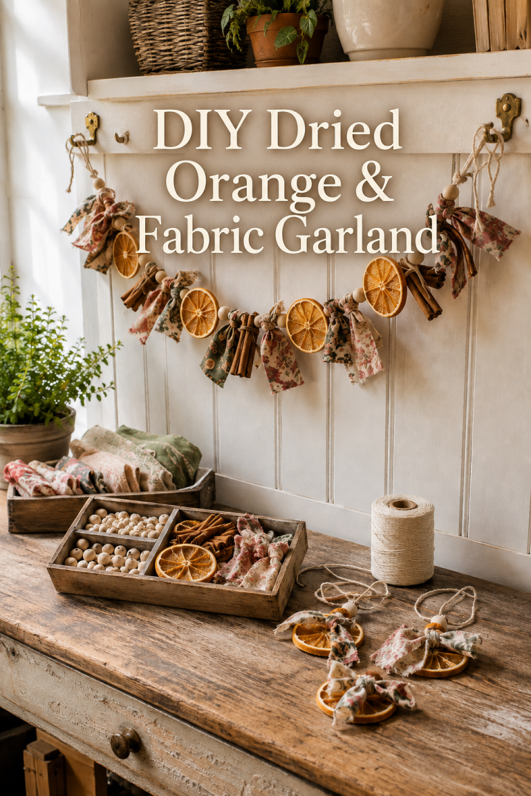 Dried orange, floral fabric, beads and cinnamon tied into a handmade garland.