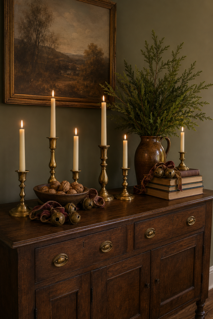 Dark wood sideboard with brass candlesticks, sleigh bells, books and cedar.