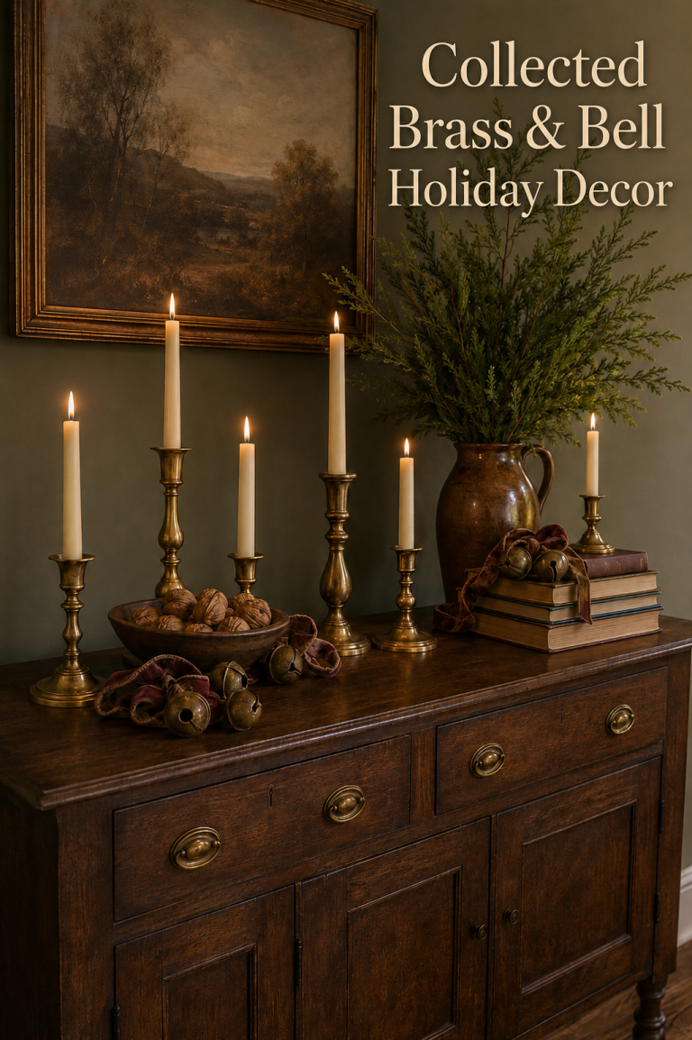 Dark wood sideboard with brass candlesticks, sleigh bells, books and cedar.