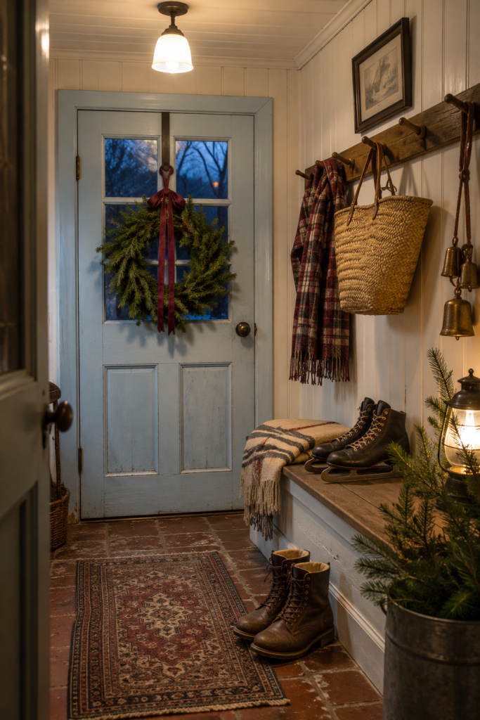 Pale blue mudroom with wreath, plaid scarf, basket, brass bells and boots.