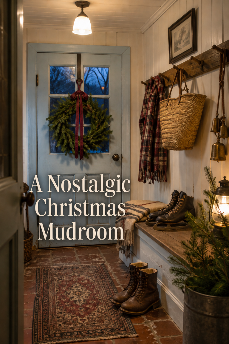 Pale blue mudroom with wreath, plaid scarf, basket, brass bells and boots.