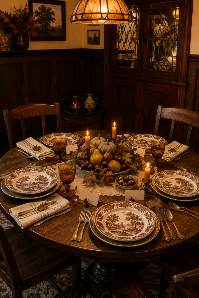 Round Thanksgiving table with brown transferware, amber goblets and pears.