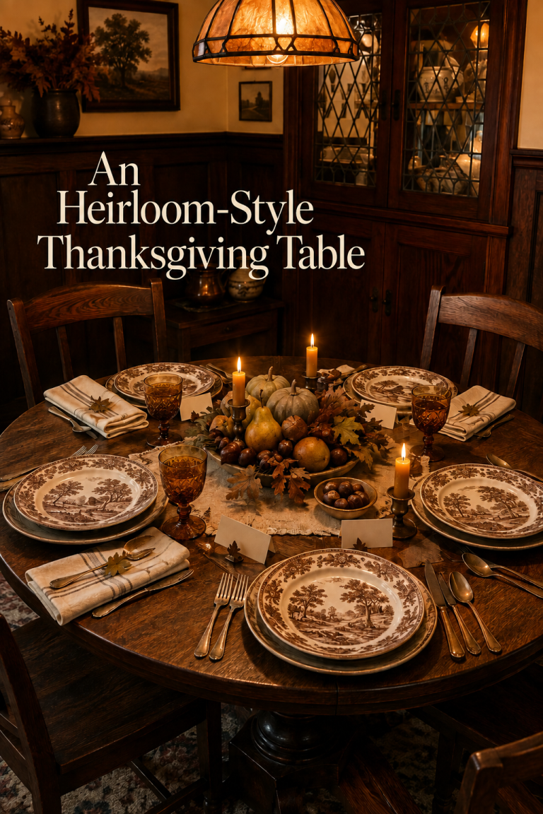 Round Thanksgiving table with brown transferware, amber goblets and pears.