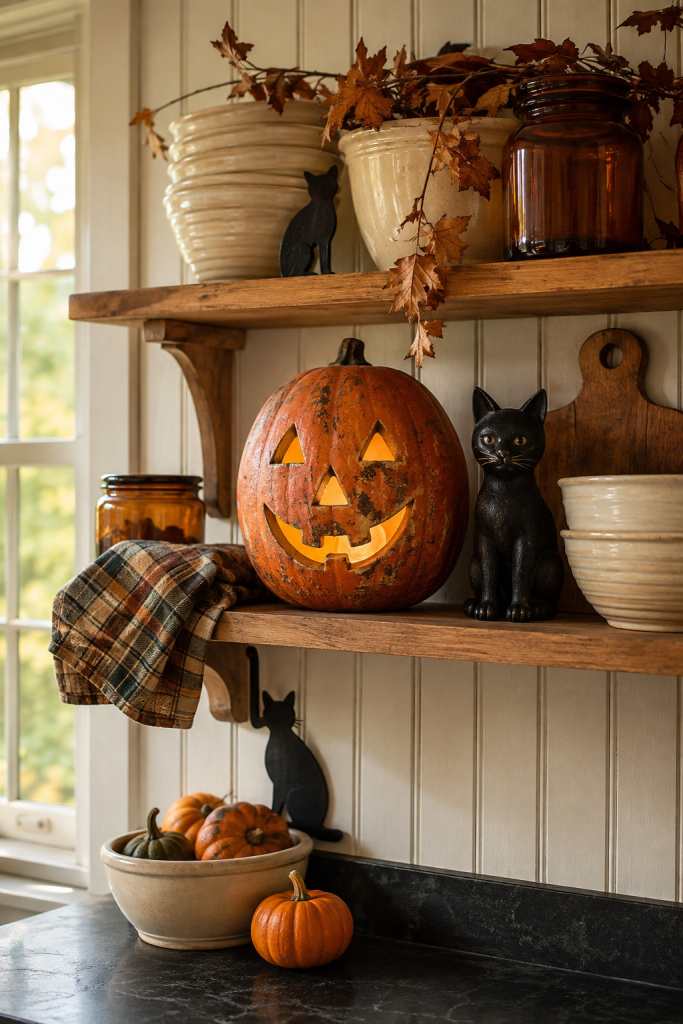 Glowing vintage pumpkin and black cat accents on warm wooden kitchen shelves.