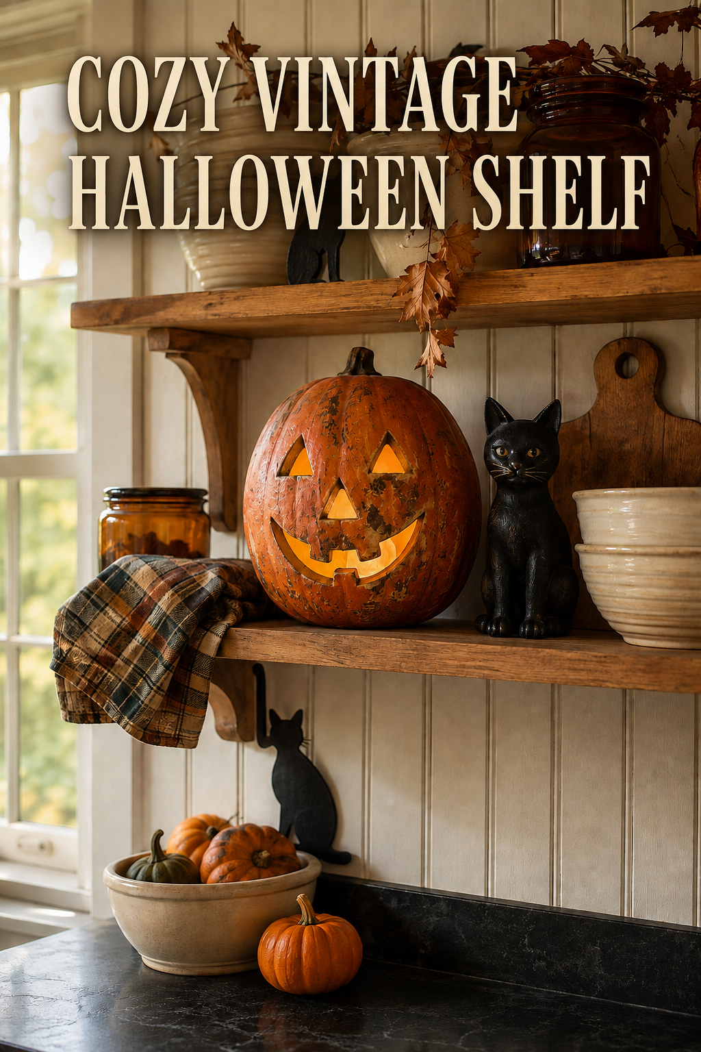 Glowing vintage pumpkin and black cat accents on warm wooden kitchen shelves.