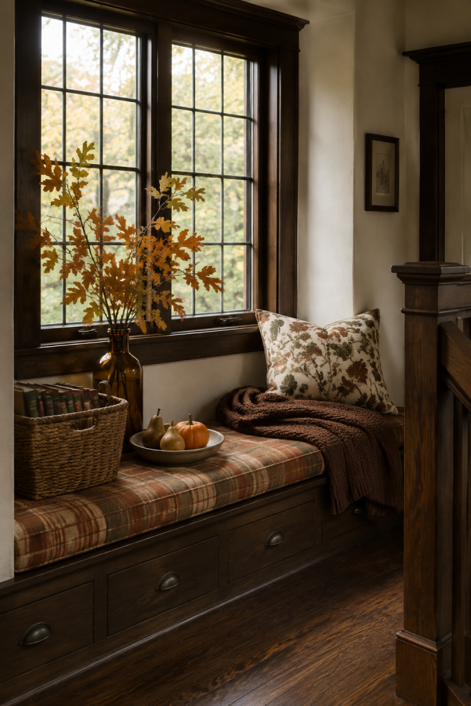 Plaid autumn window seat with knit throw, books, amber vase, and oak leaves.