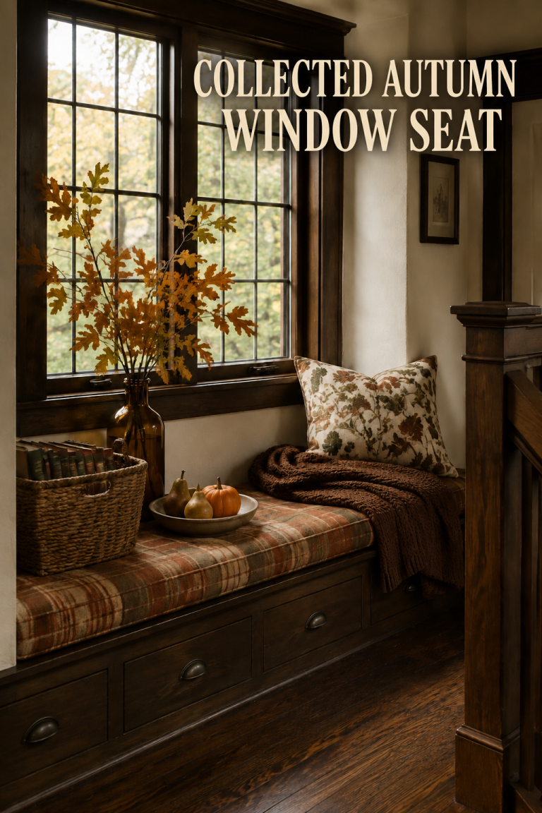 Plaid autumn window seat with knit throw, books, amber vase, and oak leaves.
