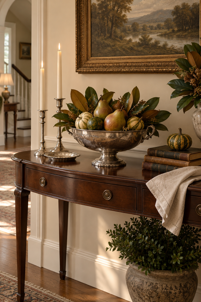Mahogany console styled with pears, gourds, magnolia leaves, and silver accents.