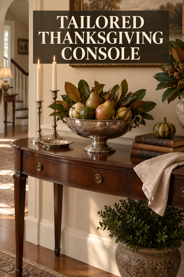 Mahogany console styled with pears, gourds, magnolia leaves, and silver accents.