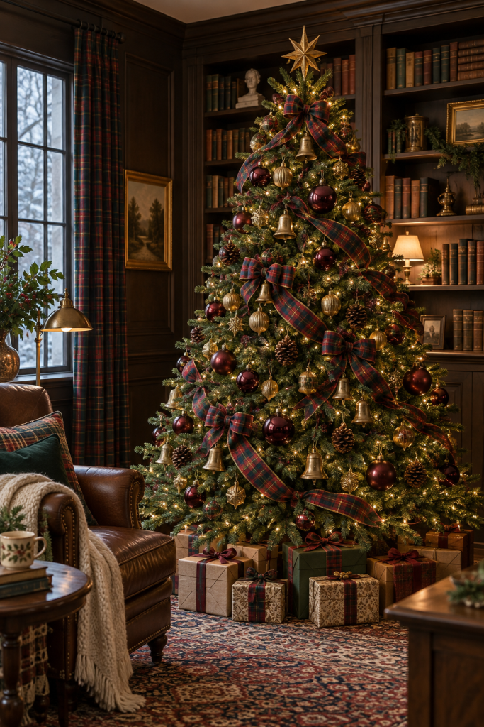 Library Christmas tree decorated with tartan ribbon, brass bells, and burgundy baubles.