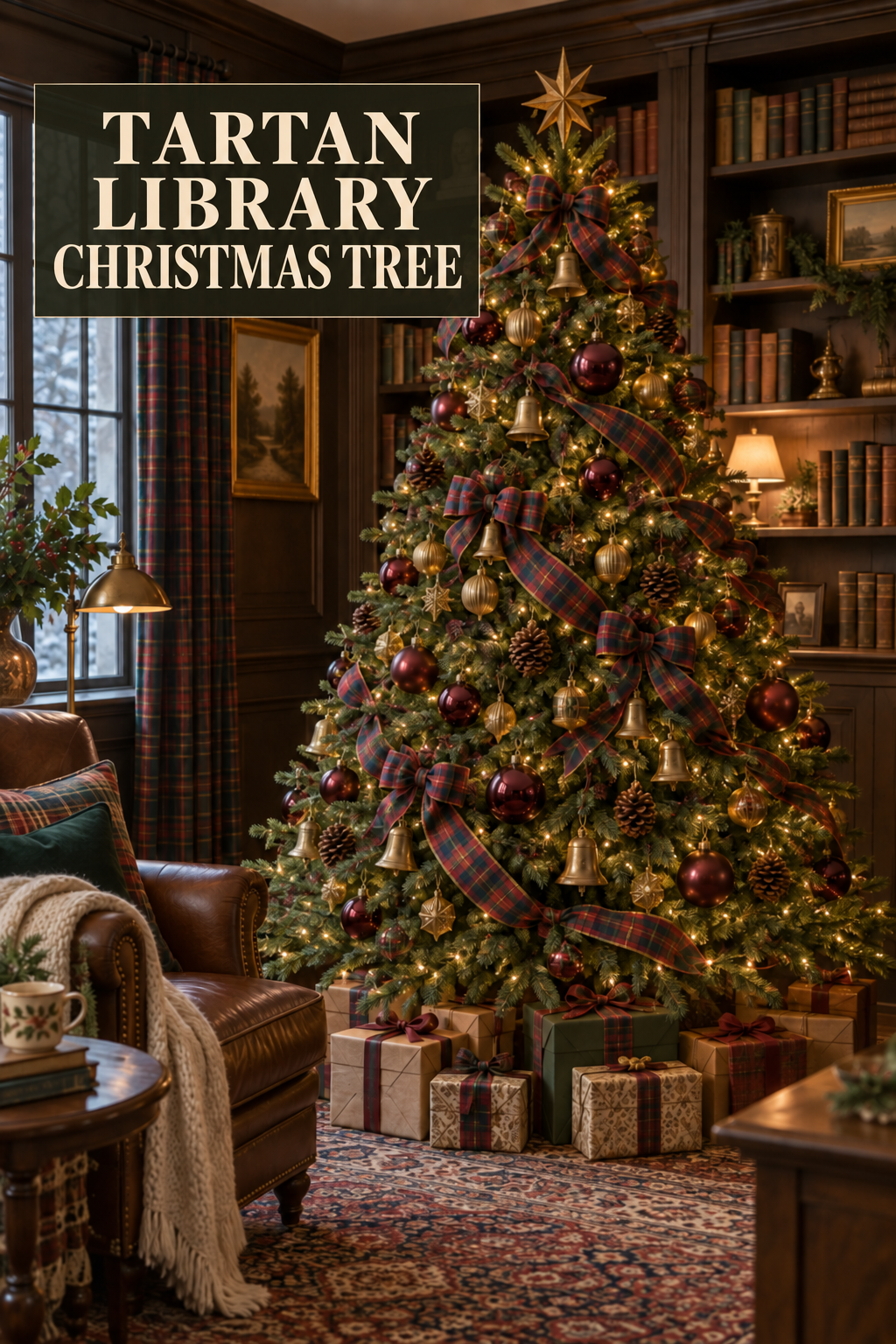 Library Christmas tree decorated with tartan ribbon, brass bells, and burgundy baubles.