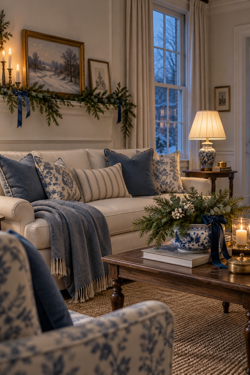 Blue and ivory sitting room with winter greenery, porcelain, candles, and soft throws.