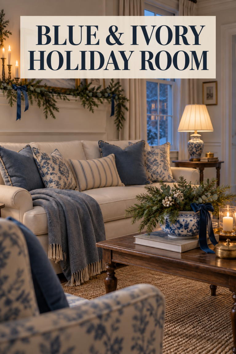 Blue and ivory sitting room with winter greenery, porcelain, candles, and soft throws.