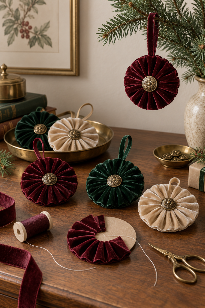 Pleated burgundy, green, and ivory velvet ribbon ornaments with brass centers.