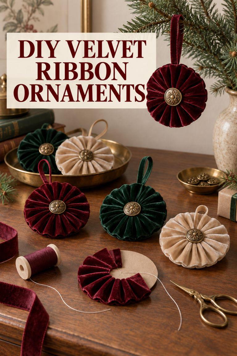 Pleated burgundy, green, and ivory velvet ribbon ornaments with brass centers.