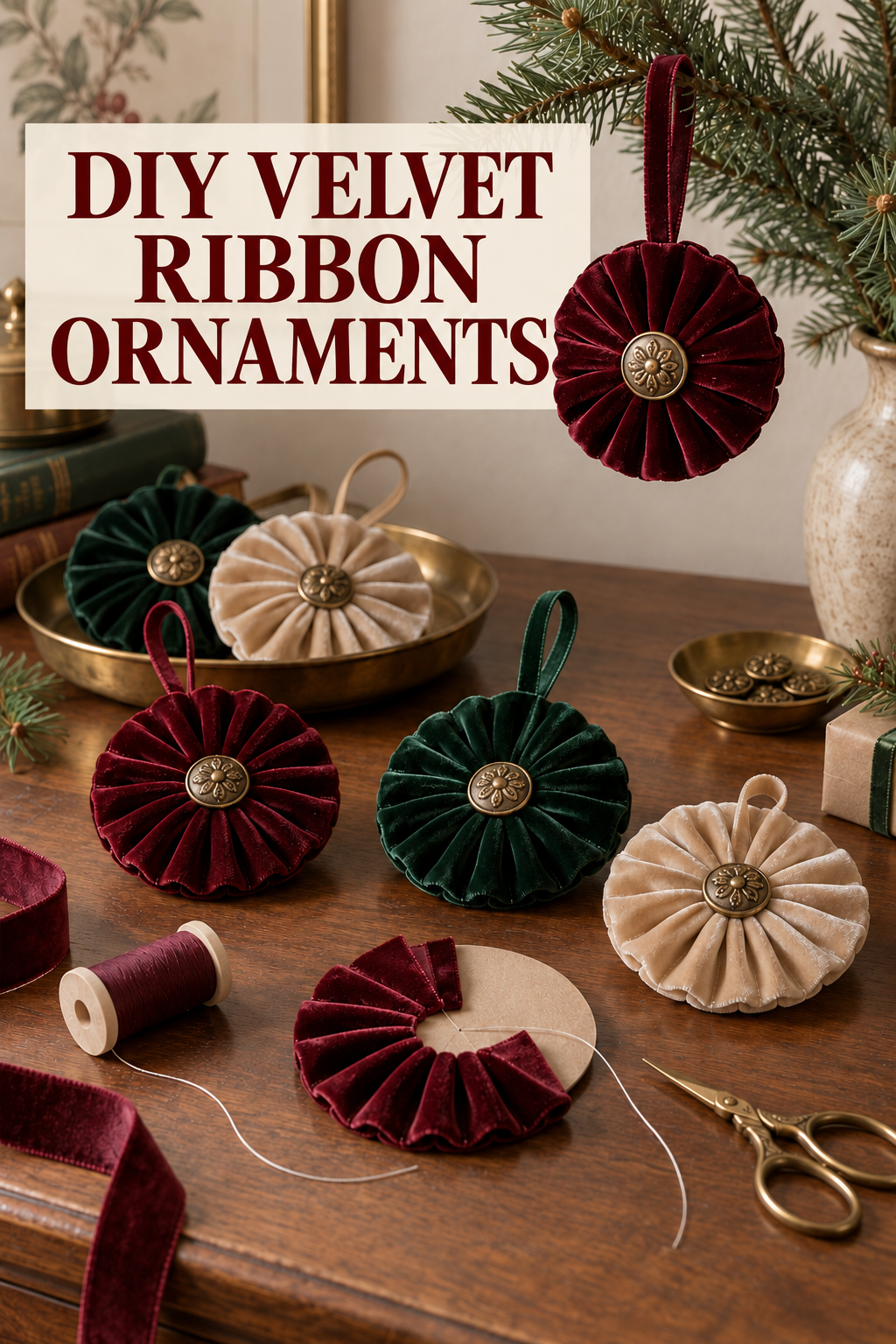 Pleated burgundy, green, and ivory velvet ribbon ornaments with brass centers.