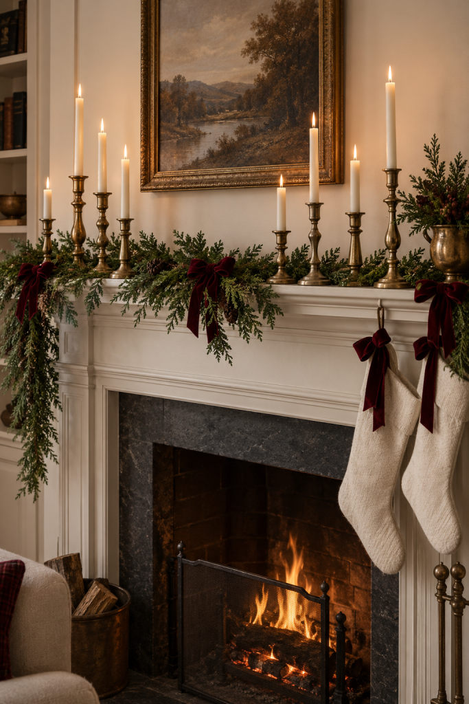 Christmas mantel with antique brass candlesticks, cedar garland, and burgundy bows.