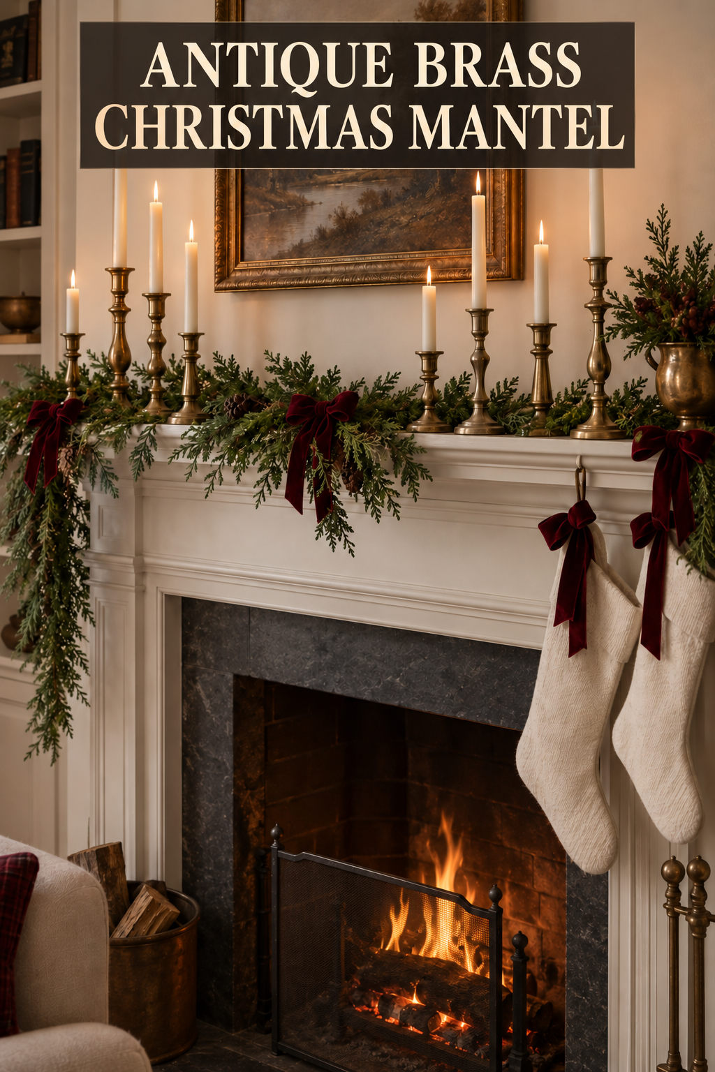 Christmas mantel with antique brass candlesticks, cedar garland, and burgundy bows.